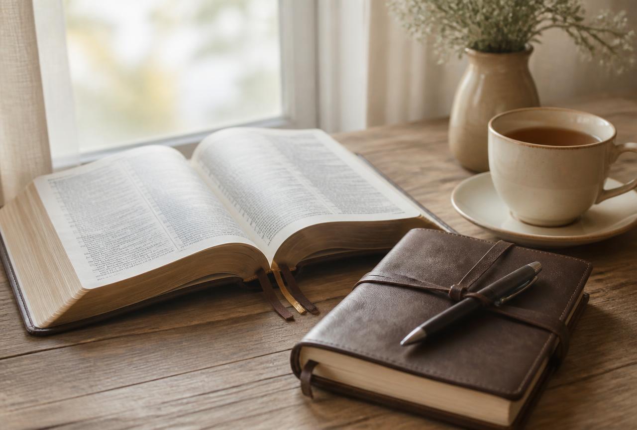 An open Bible and a journal resting on a wooden table in soft window light