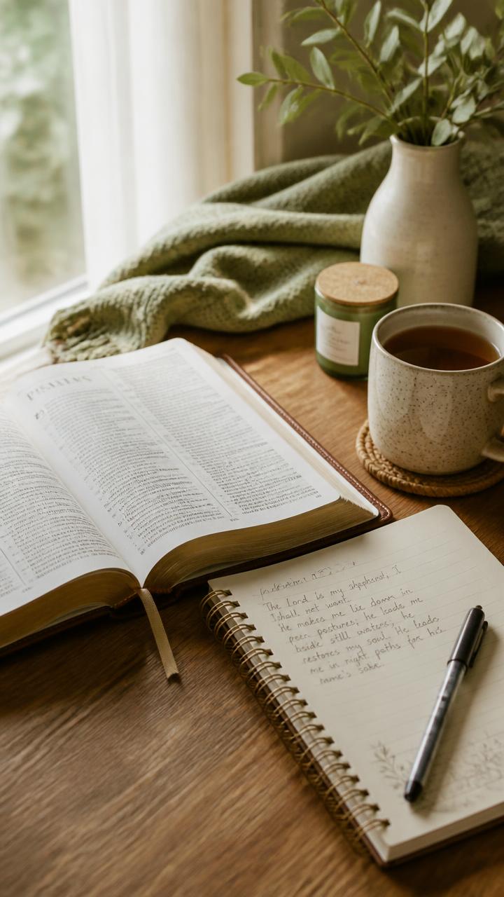 An open Bible and journal on a table in warm light