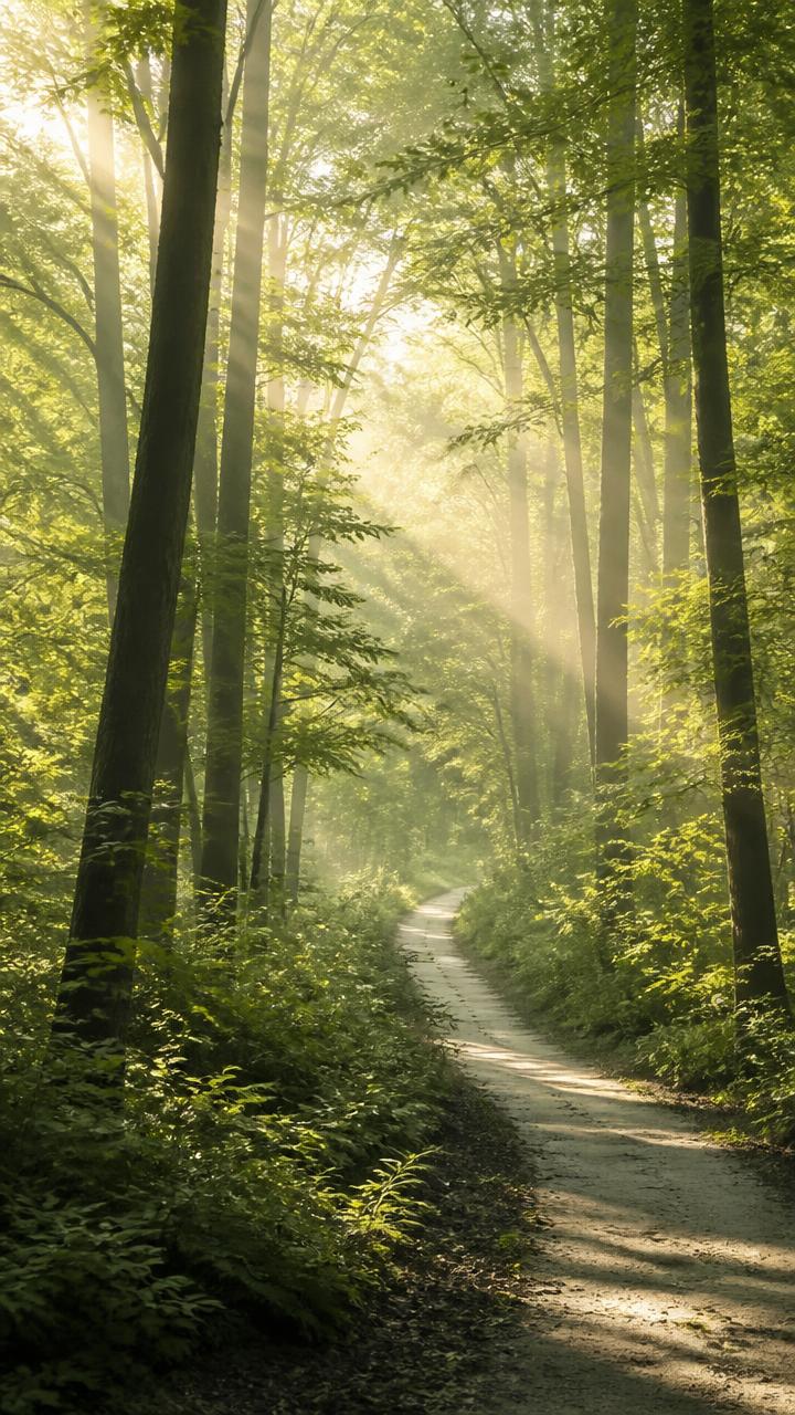 Sunlight through trees along a quiet path