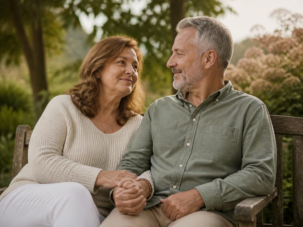 A married couple sitting together outdoors, holding hands and talking