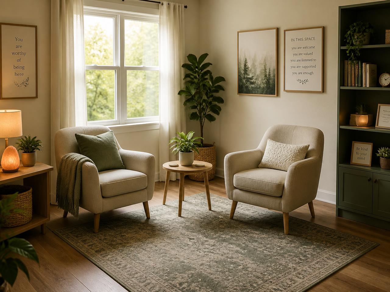 A calm counseling room with two comfortable chairs and warm natural light