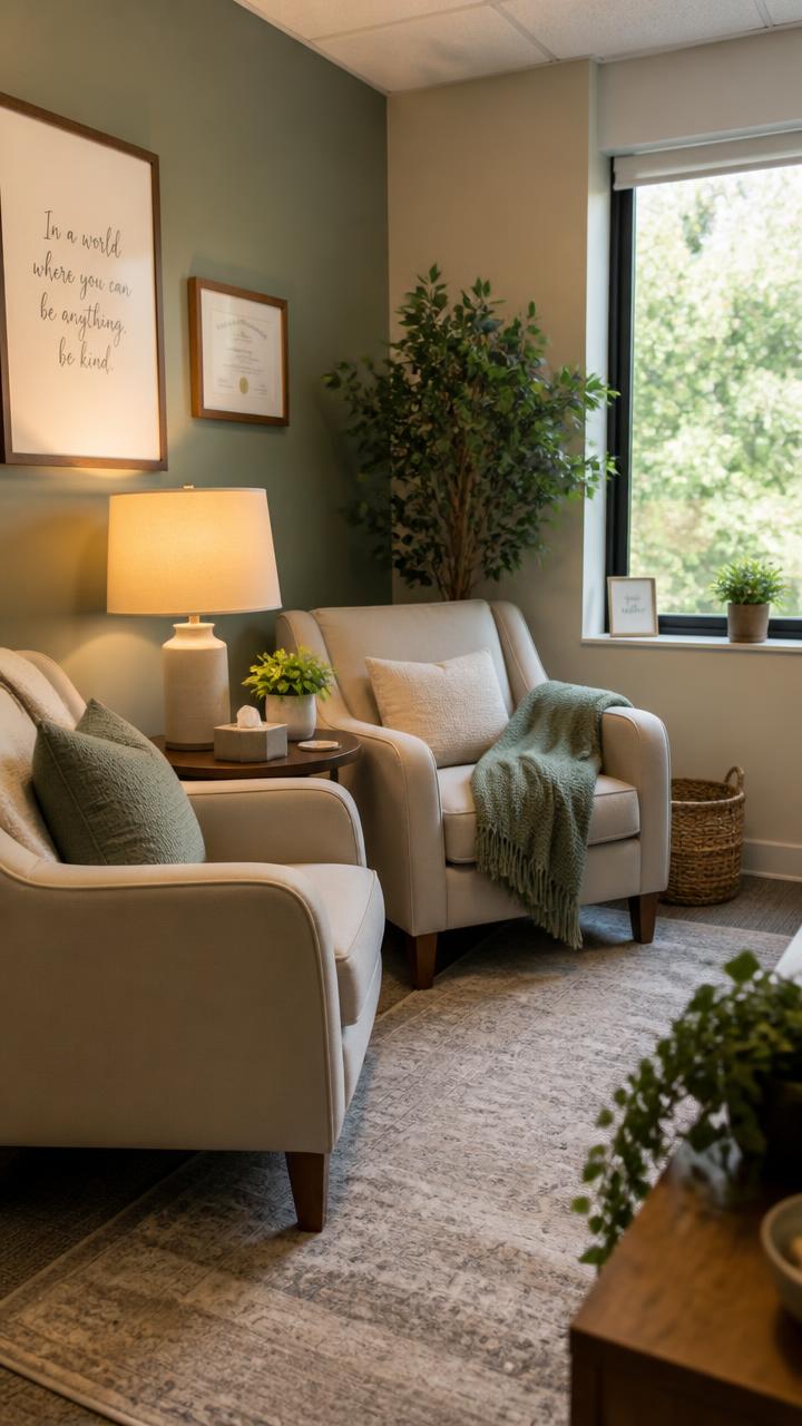 A welcoming counseling room with two comfortable chairs